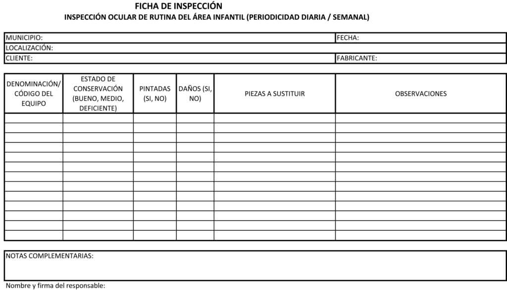 Ficha de inspección de rutina de área infantil
